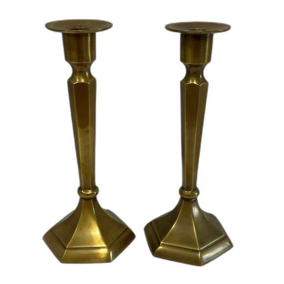 Vintage Brass Candlesticks Holder Featuring Six Sided Hexagonal Base Design - Picture 10 of 12